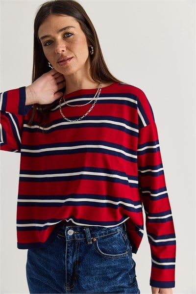Kadın Bisiklet Yaka Çizgili Oversize İnce Triko Bluz 0543 60286536 - Kırmızı-Lacivert