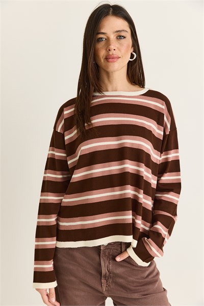 Kadın Bisiklet Yaka Çizgili Oversize İnce Triko Bluz 0543 60286536 - Kahverengi-Krem