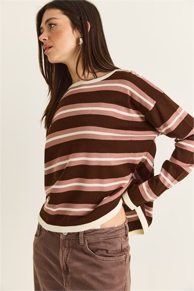 Kadın Bisiklet Yaka Çizgili Oversize İnce Triko Bluz 0543 60286536 - Kahverengi-Krem