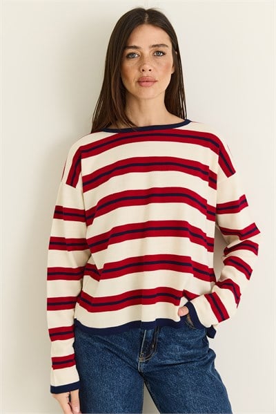 Kadın Bisiklet Yaka Çizgili Oversize İnce Triko Bluz 0543 60286536 - Bej-Kırmızı