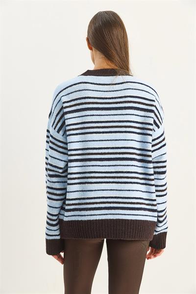 Kadın Bisiklet Yaka Çizgili Oversize Triko Kazak 2524 60283680 - Kahverengi-Mavi