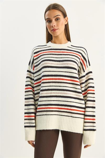 Kadın Bisiklet Yaka Çizgili Oversize Triko Kazak 2524 60283680 - Krem