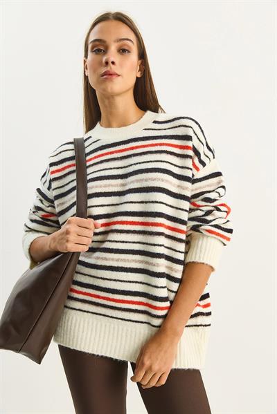 Kadın Bisiklet Yaka Çizgili Oversize Triko Kazak 2524 60283680 - Krem