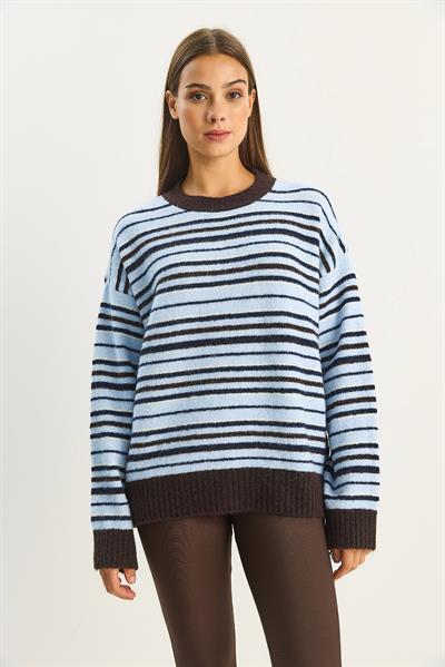 Kadın Bisiklet Yaka Çizgili Oversize Triko Kazak 2524 60283680 - Kahverengi-Mavi