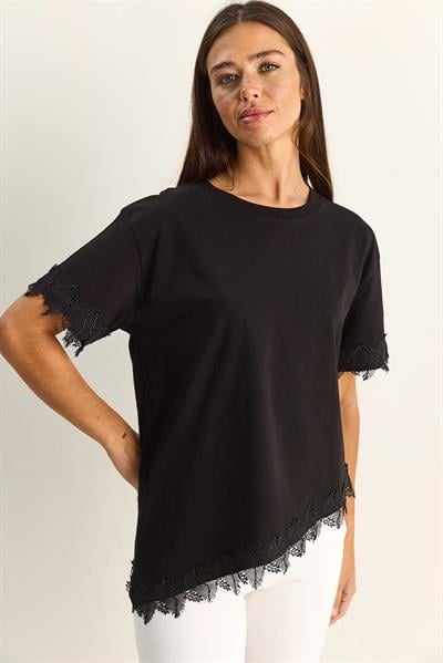 Kadın Bisiklet Yaka Dantel Detaylı Asimetrik Kesim Oversize T-Shirt 2224 60286124 - Siyah