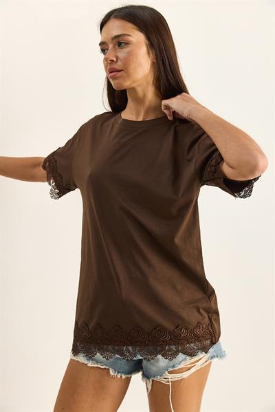 Kadın Bisiklet Yaka Dantel Detaylı Oversize T-Shirt 2134 60286120 - Kahverengi