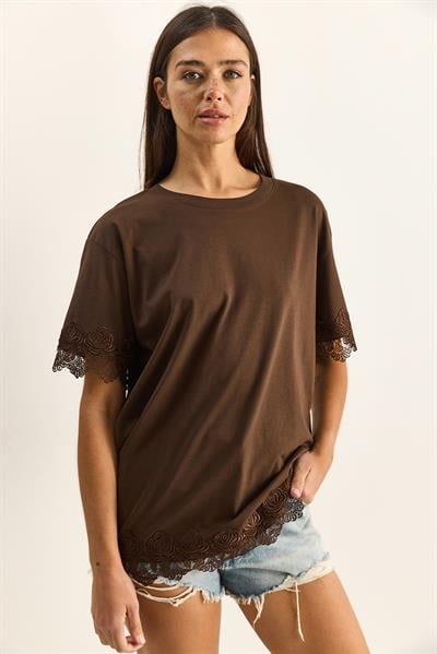 Kadın Bisiklet Yaka Dantel Detaylı Oversize T-Shirt 2134 60286120 - Kahverengi