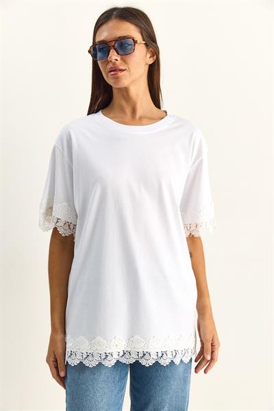 Kadın Bisiklet Yaka Dantel Detaylı Oversize T-Shirt 2134 60286120 - Beyaz