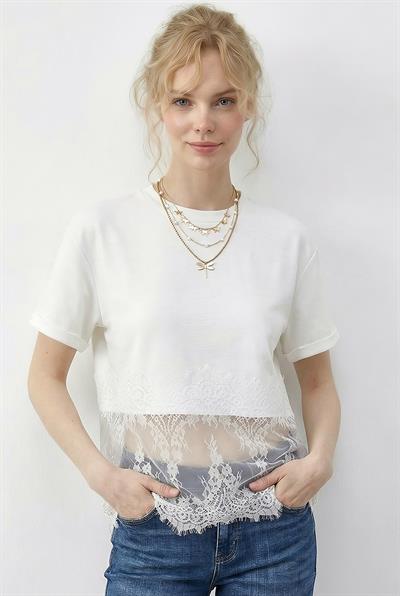 Kadın Bisiklet Yaka Dantel Detaylı Rahat Kalıp T-Shirt 1074 60286064 - Beyaz