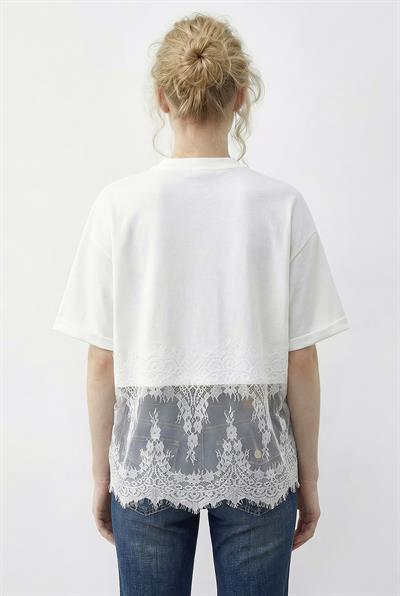 Kadın Bisiklet Yaka Dantel Detaylı Rahat Kalıp T-Shirt 1074 60286064 - Beyaz