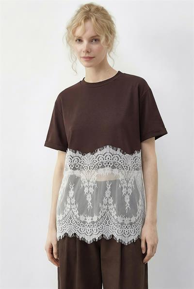Kadın Bisiklet Yaka Dantel Detaylı Rahat Kalıp T-Shirt 1074 60286064 - Kahverengi-Beyaz