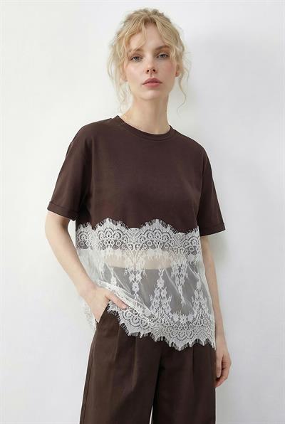 Kadın Bisiklet Yaka Dantel Detaylı Rahat Kalıp T-Shirt 1074 60286064 - Kahverengi-Beyaz