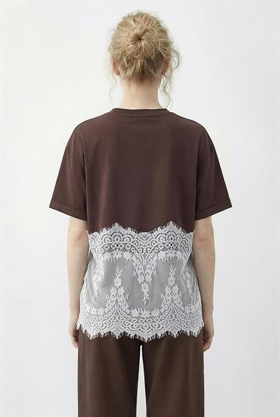 Kadın Bisiklet Yaka Dantel Detaylı Rahat Kalıp T-Shirt 1074 60286064 - Kahverengi-Beyaz