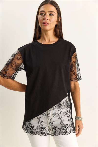Kadın Bisiklet Yaka Dantel Garnili Asimetrik Kesim Relaxed Fit T-Shirt 2225 60286125 - Siyah