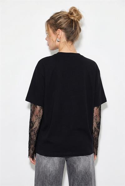 Kadın Bisiklet Yaka Dantel Kollu Oversize Pamuklu T-Shirt 1049 60286075 - Siyah