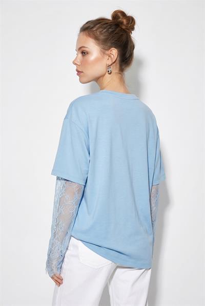 Kadın Bisiklet Yaka Dantel Kollu Oversize Pamuklu T-Shirt 1049 60286075 - Bebe Mavisi
