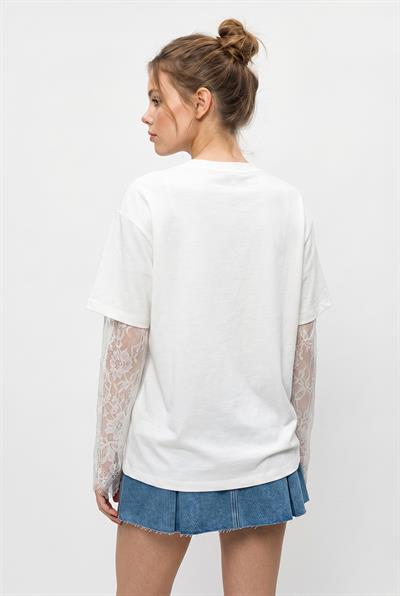 Kadın Bisiklet Yaka Dantel Kollu Oversize Pamuklu T-Shirt 1049 60286075 - Beyaz