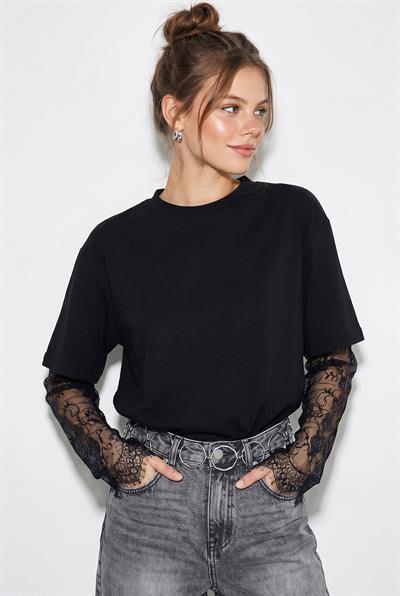 Kadın Bisiklet Yaka Dantel Kollu Oversize Pamuklu T-Shirt 1049 60286075 - Siyah
