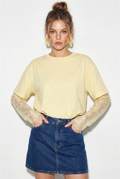 Kadın Bisiklet Yaka Dantel Kollu Oversize Pamuklu T-Shirt 1049 60286075 - Sarı