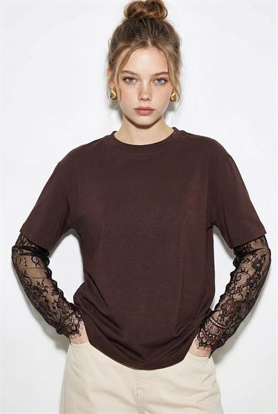 Kadın Bisiklet Yaka Dantel Kollu Oversize Pamuklu T-Shirt 1049 60286075 - Acı Kahve