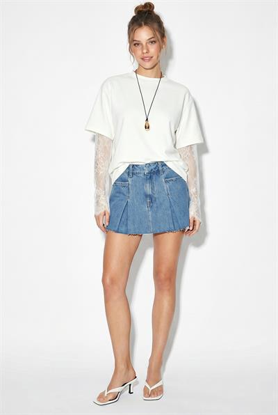 Kadın Bisiklet Yaka Dantel Kollu Oversize Pamuklu T-Shirt 1049 60286075 - Beyaz