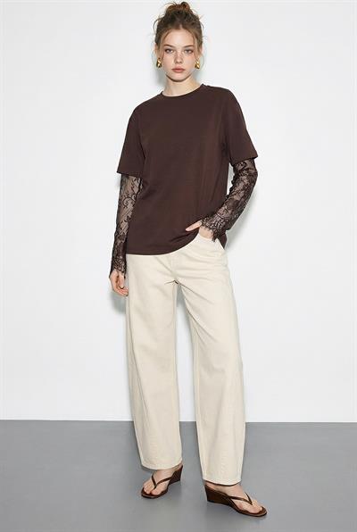 Kadın Bisiklet Yaka Dantel Kollu Oversize Pamuklu T-Shirt 1049 60286075 - Acı Kahve