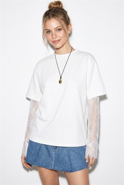 Kadın Bisiklet Yaka Dantel Kollu Oversize Pamuklu T-Shirt 1049 60286075 - Beyaz