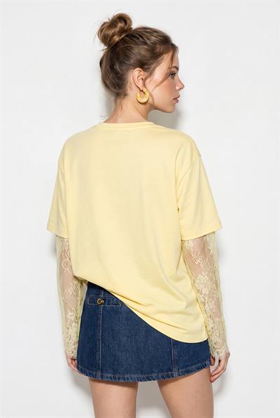 Kadın Bisiklet Yaka Dantel Kollu Oversize Pamuklu T-Shirt 1049 60286075 - Sarı