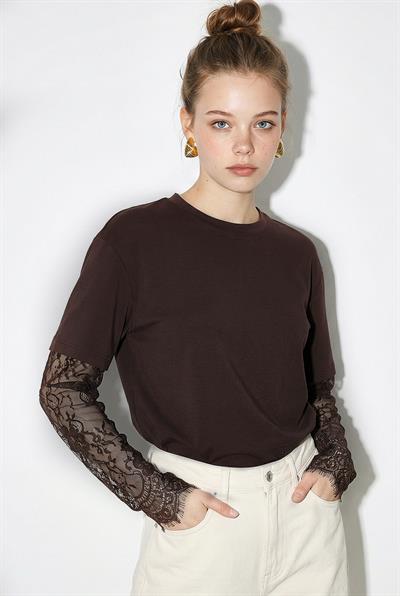 Kadın Bisiklet Yaka Dantel Kollu Oversize Pamuklu T-Shirt 1049 60286075 - Acı Kahve