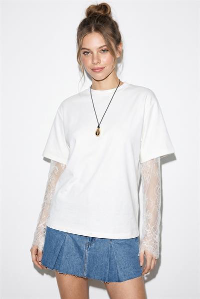 Kadın Bisiklet Yaka Dantel Kollu Oversize Pamuklu T-Shirt 1049 60286075 - Beyaz