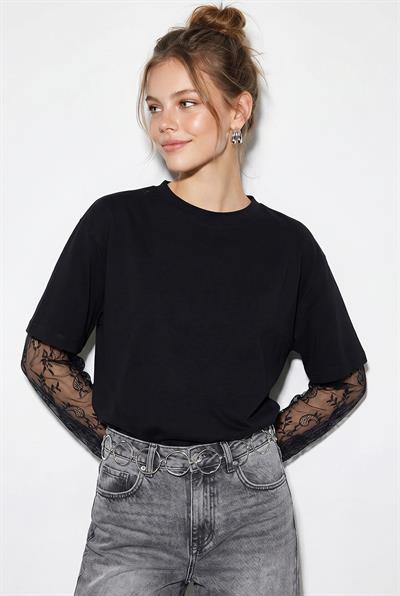 Kadın Bisiklet Yaka Dantel Kollu Oversize Pamuklu T-Shirt 1049 60286075 - Siyah