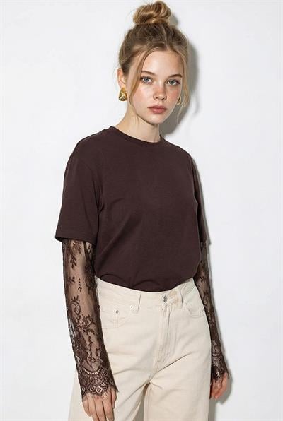 Kadın Bisiklet Yaka Dantel Kollu Oversize Pamuklu T-Shirt 1049 60286075 - Acı Kahve