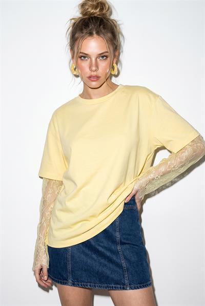 Kadın Bisiklet Yaka Dantel Kollu Oversize Pamuklu T-Shirt 1049 60286075 - Sarı