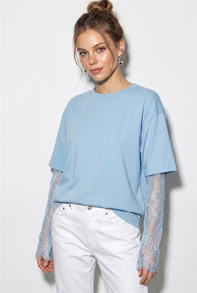 Kadın Bisiklet Yaka Dantel Kollu Oversize Pamuklu T-Shirt 1049 60286075 - Bebe Mavisi