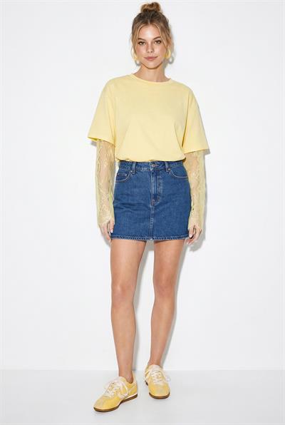 Kadın Bisiklet Yaka Dantel Kollu Oversize Pamuklu T-Shirt 1049 60286075 - Sarı