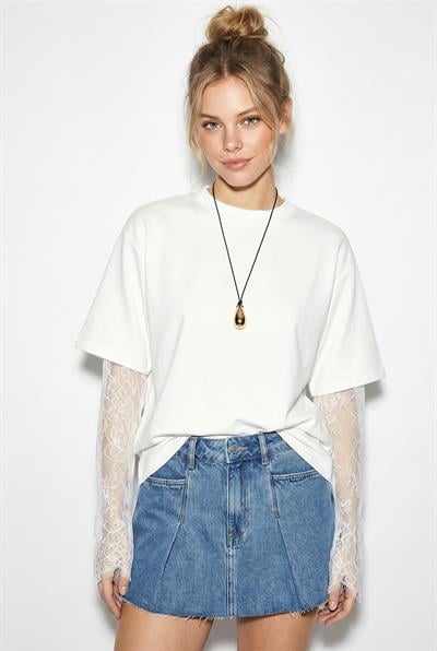 Kadın Bisiklet Yaka Dantel Kollu Oversize Pamuklu T-Shirt 1049 60286075 - Beyaz