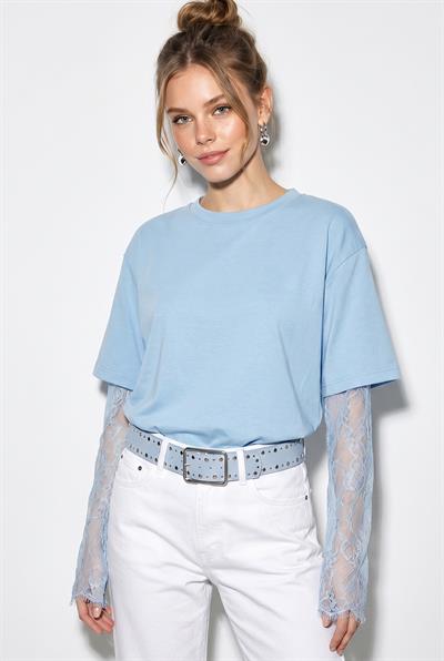 Kadın Bisiklet Yaka Dantel Kollu Oversize Pamuklu T-Shirt 1049 60286075 - Bebe Mavisi