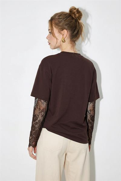 Kadın Bisiklet Yaka Dantel Kollu Oversize Pamuklu T-Shirt 1049 60286075 - Acı Kahve
