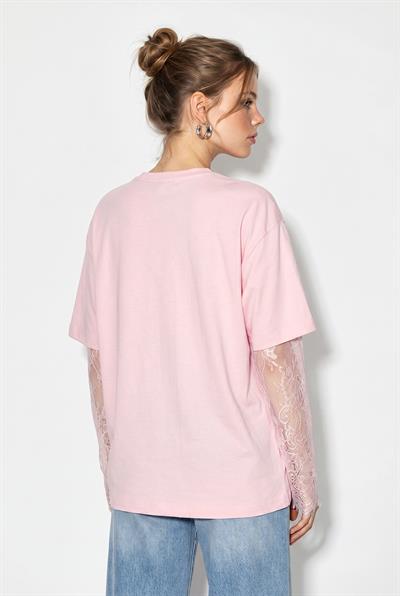 Kadın Bisiklet Yaka Dantel Kollu Oversize Pamuklu T-Shirt 1049 60286075 - Pembe