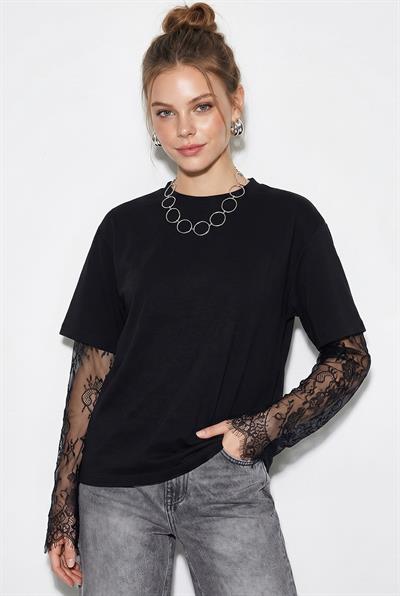 Kadın Bisiklet Yaka Dantel Kollu Oversize Pamuklu T-Shirt 1049 60286075 - Siyah