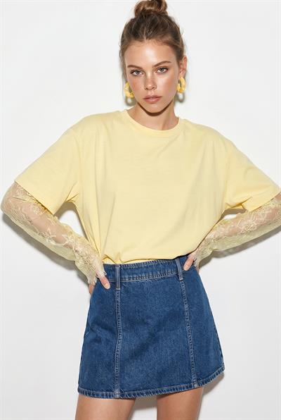 Kadın Bisiklet Yaka Dantel Kollu Oversize Pamuklu T-Shirt 1049 60286075 - Sarı