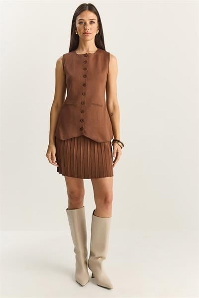 Kadın Bisiklet Yaka Düğmeli Triko Yelek Pileli Mini Etek Alt-Üst Takım 280017-18 60283872 - Kahve