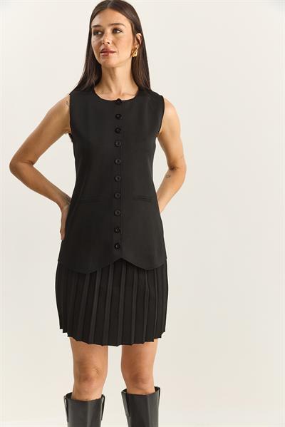 Kadın Bisiklet Yaka Düğmeli Triko Yelek Pileli Mini Etek Alt-Üst Takım 280017-18 60283872 - Siyah