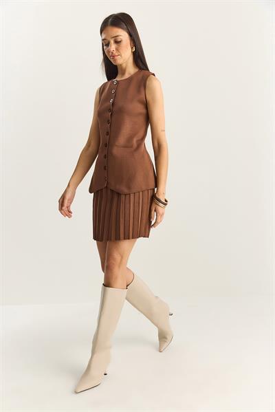 Kadın Bisiklet Yaka Düğmeli Triko Yelek Pileli Mini Etek Alt-Üst Takım 280017-18 60283872 - Kahve