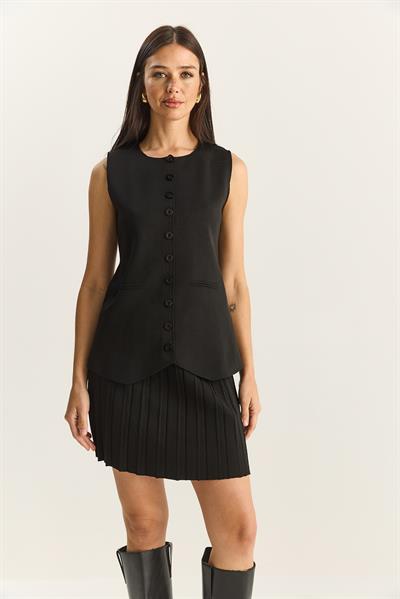 Kadın Bisiklet Yaka Düğmeli Triko Yelek Pileli Mini Etek Alt-Üst Takım 280017-18 60283872 - Siyah