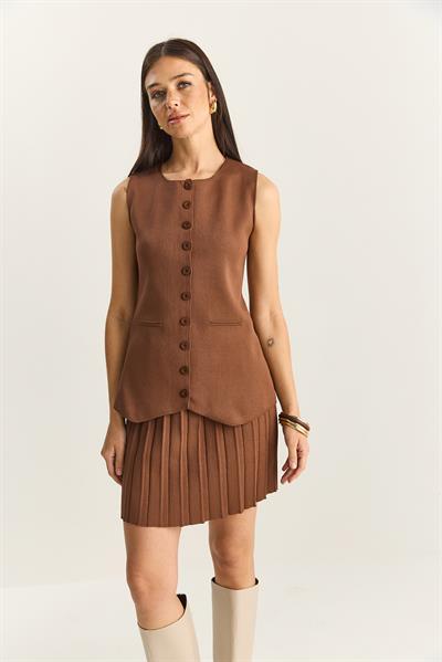 Kadın Bisiklet Yaka Düğmeli Triko Yelek Pileli Mini Etek Alt-Üst Takım 280017-18 60283872 - Kahve