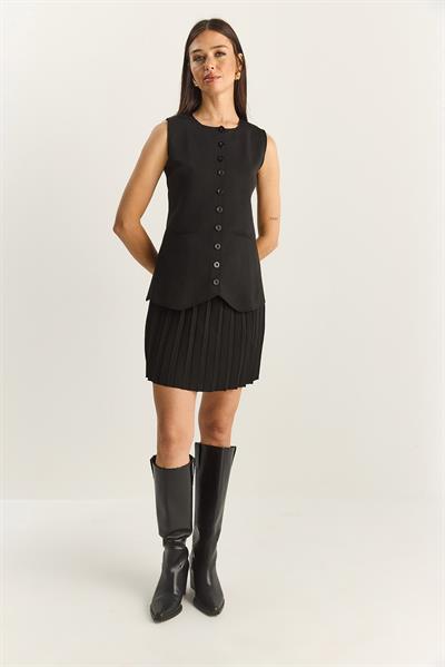 Kadın Bisiklet Yaka Düğmeli Triko Yelek Pileli Mini Etek Alt-Üst Takım 280017-18 60283872 - Siyah