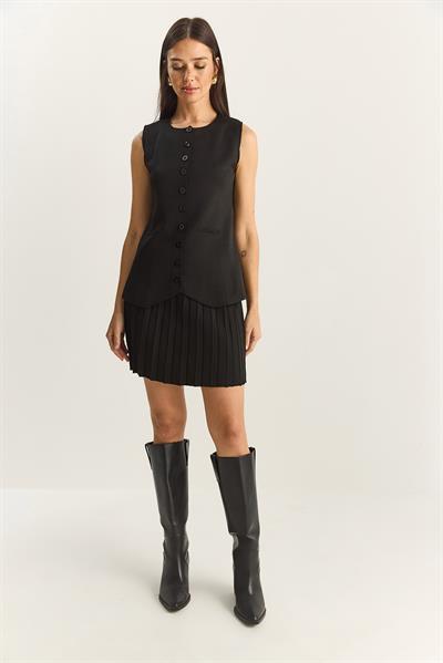 Kadın Bisiklet Yaka Düğmeli Triko Yelek Pileli Mini Etek Alt-Üst Takım 280017-18 60283872 - Siyah