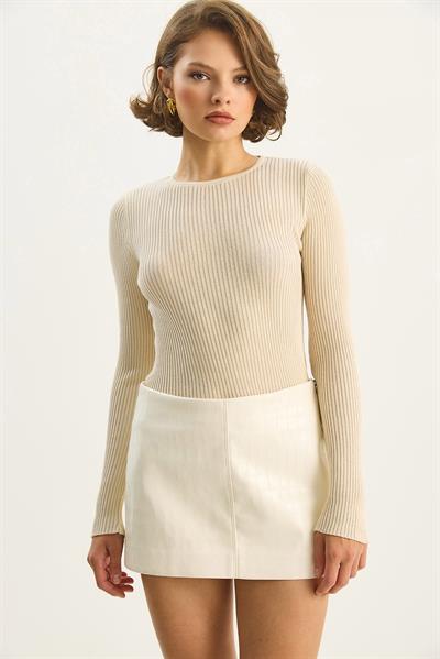 Kadın Bisiklet Yaka Fitilli Vücudu Saran Pul Detaylı Yaldızlı Triko Bluz 4798 60283583 - Krem