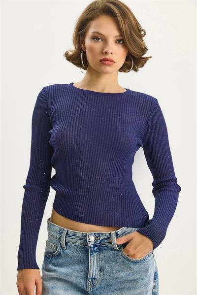 Kadın Bisiklet Yaka Fitilli Vücudu Saran Pul Detaylı Yaldızlı Triko Bluz 4798 60283583 - Saks